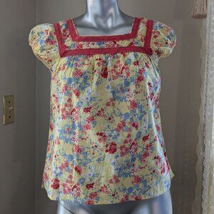 H&M Yellow Floral Cotton Peasant Style Top w/Crotcheted Trim*